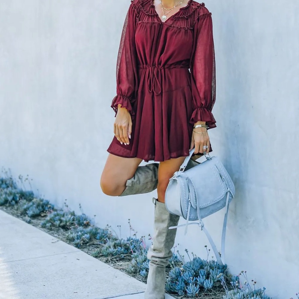 Ruffle Trim Burgundy Dress